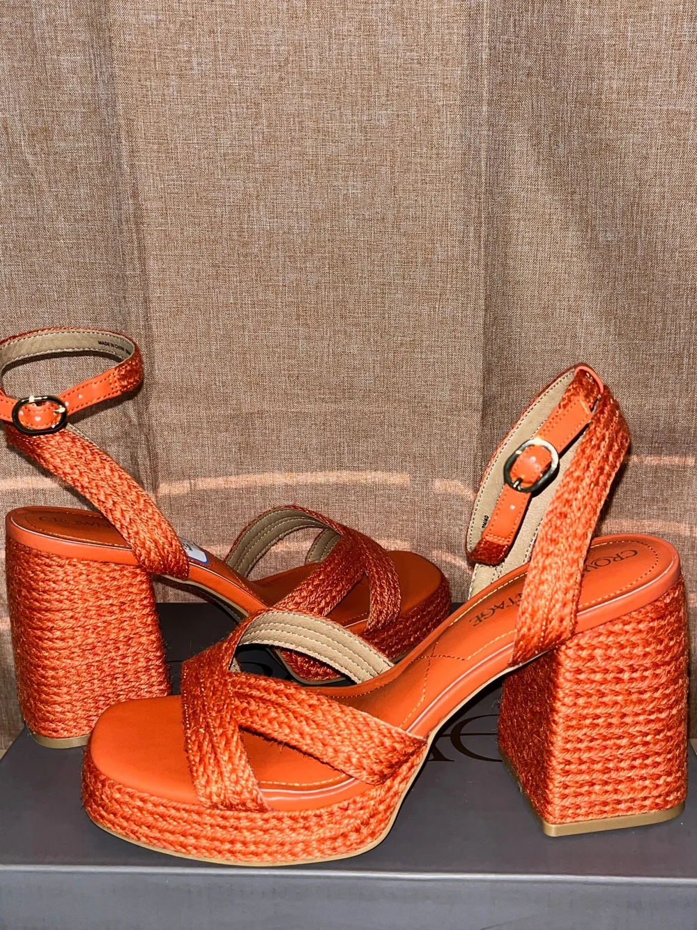 Woven Platform Block Heel Sandals - Orange